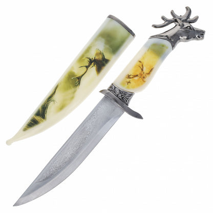 Wildlife collector hunting knife with a decorative scabbard, sleeve, and animal head handle (view 18).