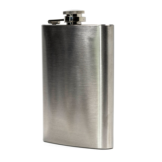 Stainless steel flask on a white background