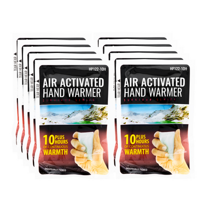 10-pack of air-activated hand warmers lasting up to 10 hours for cold weather.