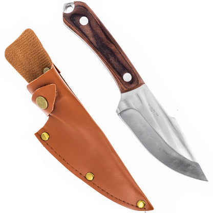 8-inch full-tang harpoon-point fixed blade knife with a wood handle and belt-loop sheath.