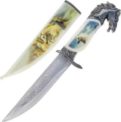 Wildlife collector hunting knife with a decorative animal-head pommel and scabbard.