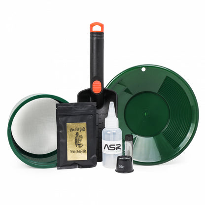 7-piece kids gold panning starter kit with a dual riffle pan, classifier, magnifier, and Bobby Bo paydirt.