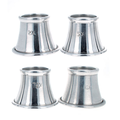 4-piece aluminum eye loupe set in 2.5x to 10x magnification for rock hounding (view 1).