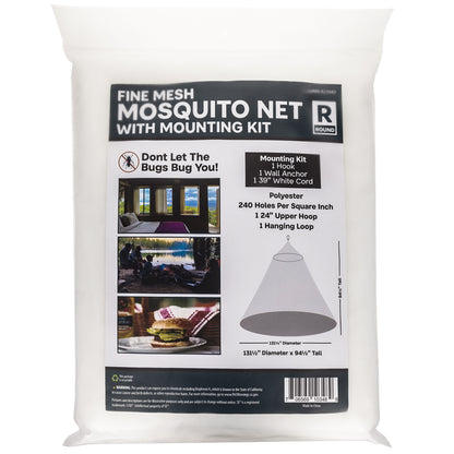 Fine-mesh round mosquito net canopy with a mounting kit for camping and travel.