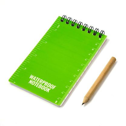 Waterproof pocket notebook with 50 tear-resistant sheets and a pencil.