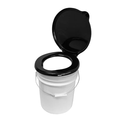 Snap-on portable toilet seat with lid for a 5-gallon bucket.
