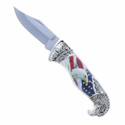 8-inch American back-lock folding pocket knife with a bald eagle and flag handle.