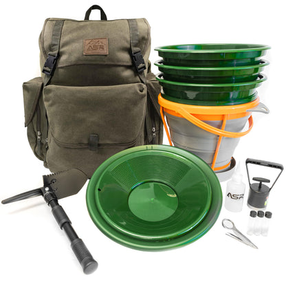 14-piece gold panning kit with classifier screens in a 30L rucksack for remote terrain.