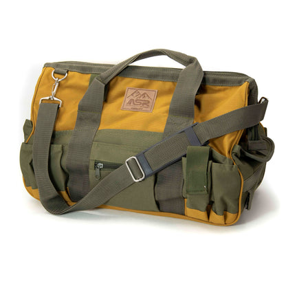 Weather-resistant nylon rock hounding tool bag with 13 pockets and a shoulder strap.