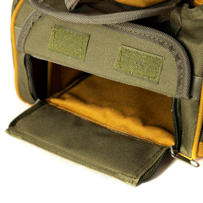 Weather-resistant nylon rock hounding tool bag with a shoulder strap (view 1).