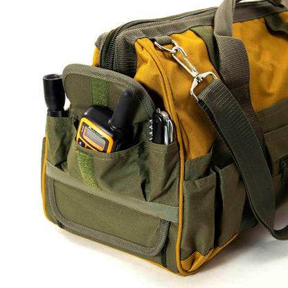 Weather-resistant nylon rock hounding tool bag with a shoulder strap (view 3).