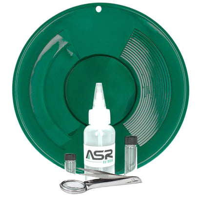 5-piece beginner gold panning kit with a dual riffle pan, snuffer bottle, glass vials, and magnifying tweezers.