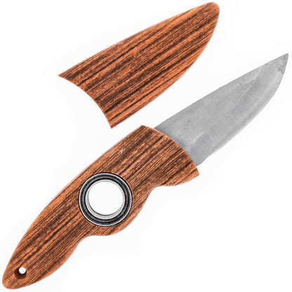 7.5-inch brown drop-point fixed blade knife with a spinning finger hole and sheath.