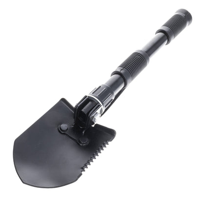 16-inch black mini folding 3-in-1 shovel, pick, and saw for gold prospecting and rock hounding.