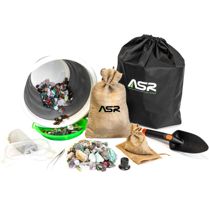 14-piece gemstone paydirt kit with a 5lb bag of rough stones, a bucket, sifting screen, and tools.