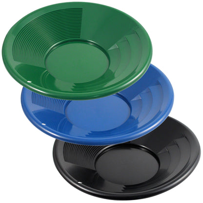 Dual riffle gold pan with deep and shallow riffle walls for gold prospecting, in multiple sizes.