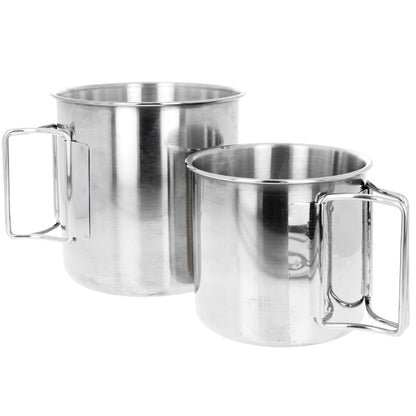 Stainless steel camping coffee mug with collapsible handles, in two sizes.