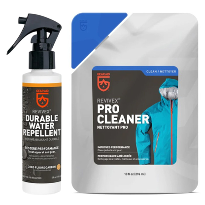 GEAR AID 10oz Revivex Pro Cleaner and 10oz Durable Water Repellent spray care kit.