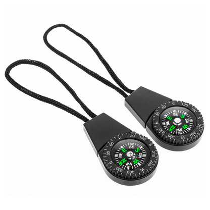 2-pack of black liquid-filled zipper-pull mini compasses for hiking and camping.