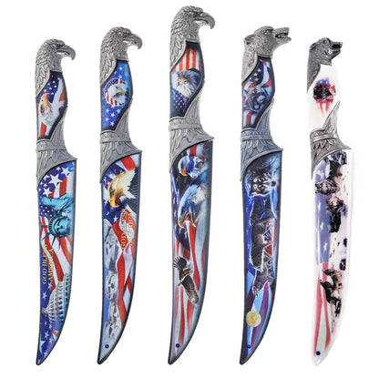Wildlife collector hunting knife with a decorative scabbard, sleeve, and animal head handle (view 19).
