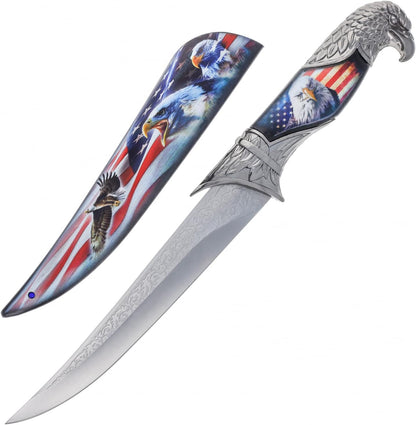 Wildlife collector hunting knife with a decorative scabbard, sleeve, and animal head handle (view 5).