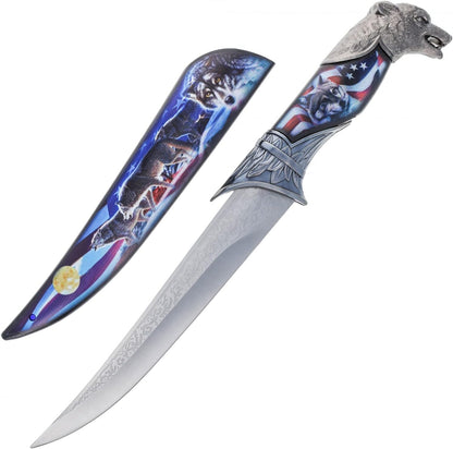 Wildlife collector hunting knife with a decorative scabbard, sleeve, and animal head handle (view 7).