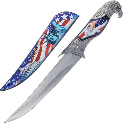 Wildlife collector hunting knife with a decorative scabbard, sleeve, and animal head handle (view 8).