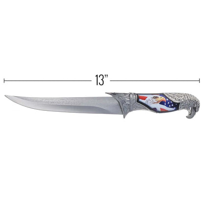 Wildlife collector hunting knife with a decorative scabbard, sleeve, and animal head handle (view 17).