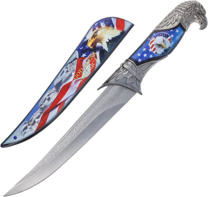 Wildlife collector hunting knife with a decorative scabbard, sleeve, and animal head handle (view 6).