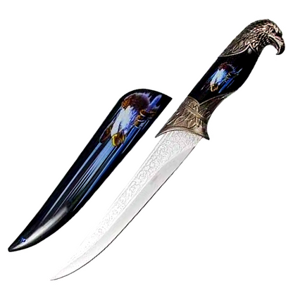 Wildlife collector hunting knife with a decorative scabbard, sleeve, and animal head handle (view 9).