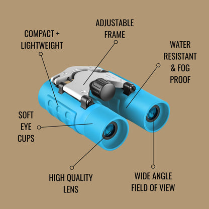 Kids 8x compact binoculars in blue with a lanyard for outdoor travel (view 1).