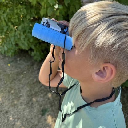 Kids 8x compact binoculars in blue with a lanyard for outdoor travel (view 4).