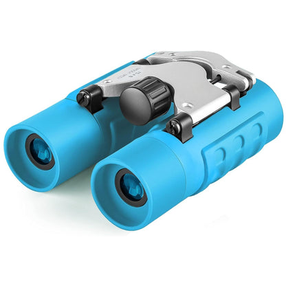 Blue kids 8X compact binoculars with a lanyard for outdoor exploration.