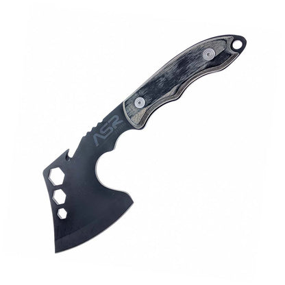 Black steel camping axe hatchet with a 4-inch blade, nylon sheath, and cord cutter.