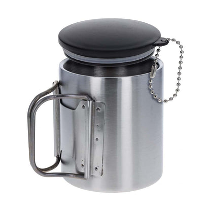 Insulated 7.4oz stainless steel coffee mug with a splash-guard lid and collapsible handle.