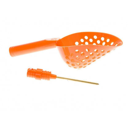 Orange plastic strainer with handle and small orange metal detector