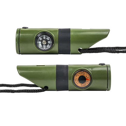 7-in-1 survival multitool with a compass, whistle, LED flashlight, and magnifier.