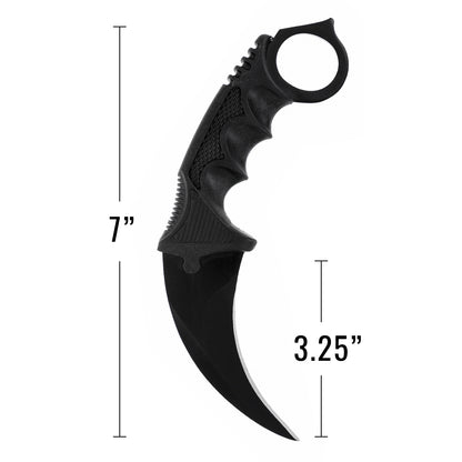 All black karambit curved blade knife handle made to fit hand
