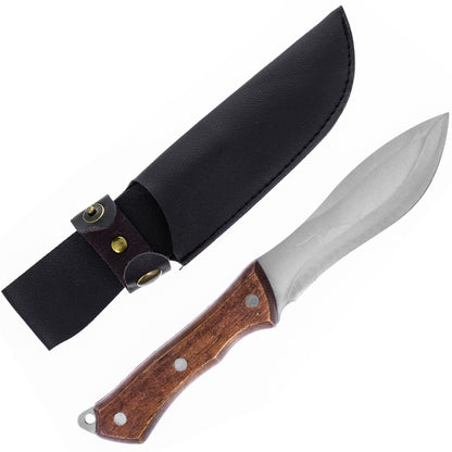 9-inch full-tang 440 stainless recurve fixed blade knife with a wood handle and sheath.