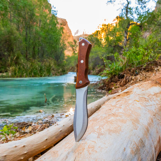 recurve blade knife stuck in a log by the turquoise river in the canyon scenic