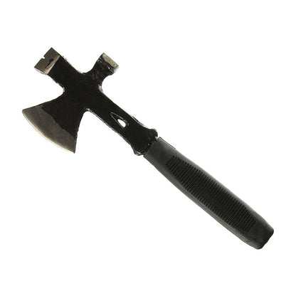 Black 3-in-1 survival hatchet with a hammer and pry bar, 12.5 inches long.