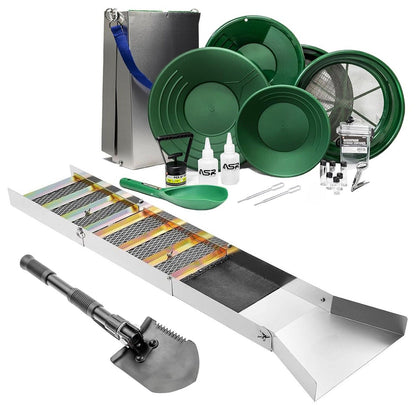 21-piece gold panning kit with a 50-inch folding aluminum sluice box and recovery tools.