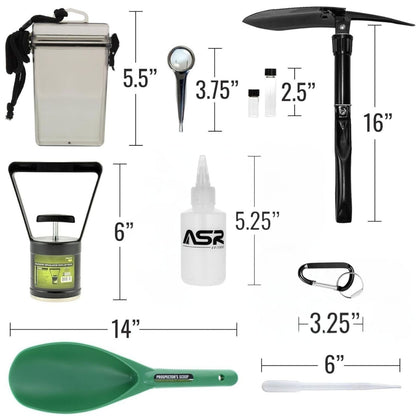 21-piece gold panning kit with a 50-inch folding aluminum sluice box and gold recovery tools.